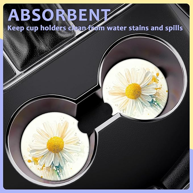 2 Pack Car Cup Holder Coaster-Watercolor Daisy Floral Absorbent Ceramic Coaster, Car Coasters for Cup Holders,Auto Accessories for Women & Men