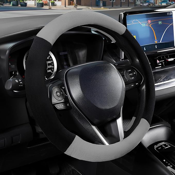 SEG Direct Car Steering Wheel Cover for Prius Civic Model 3 Model Y Camaro, Small Size 14-14.25 inch, Warm Plush, Summer Winter, Black and Gray