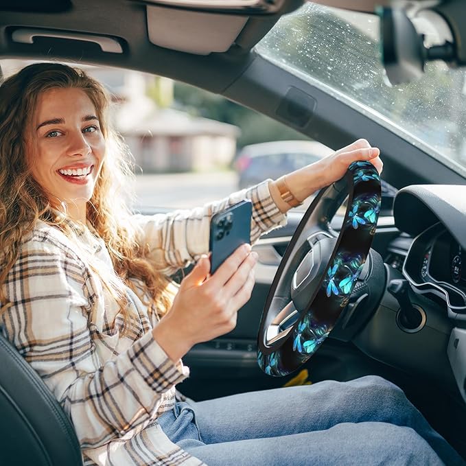 Dragonfly Car Steering Wheel Cover for Women Men Blue Turquoise Dragonflies 15 Inch Universal Steering Wheel Covers Elastic Stretch Steering Wheel Cover Car Accessories