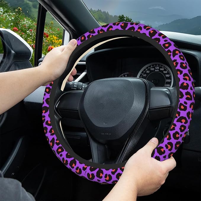 Purple Leopard Print Steering Wheel Cover, Elastic Non-Slip Steering Wheel Protector,Auto Interior Decor for Women Girls,Universal 15" Fit for Sedans,Trucks