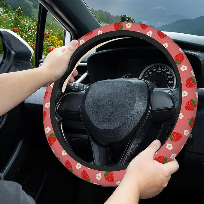 Strawberry Steering Wheel Cover,Strawberries Flower Elastic Non-Slip Steering Wheel Protector,Auto Interior Decor for Women Girls,Universal 15" Fit for Sedans,Trucks