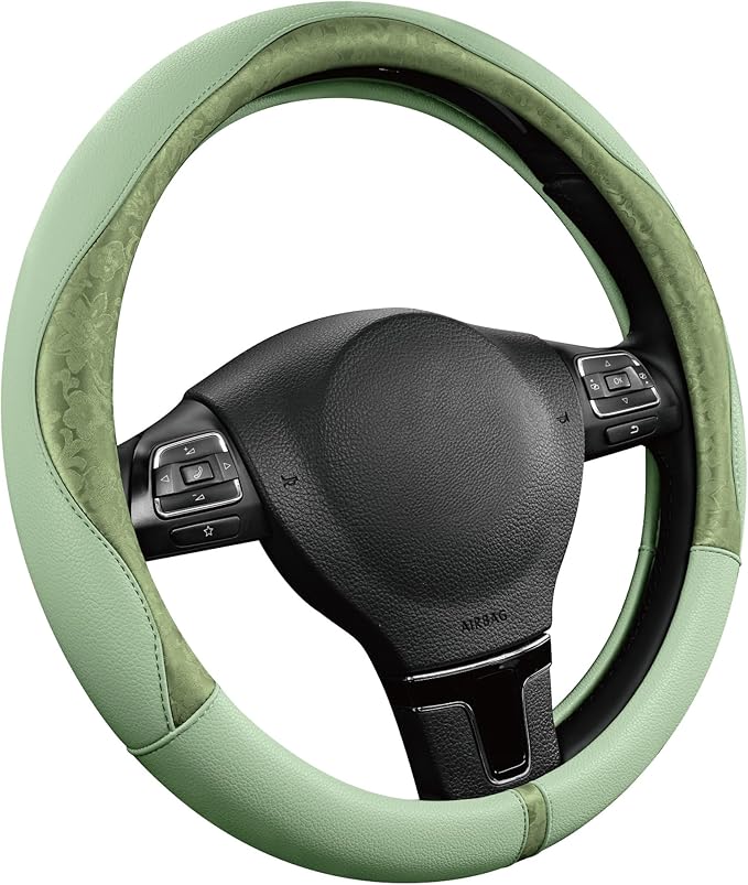 PIC AUTO Steering Wheel Cover, Green Patterned Leather Patchwork Design, Universal Fit 14.5"–15.5", Anti-Slip, Odor-Free, Soft PU Grain Leather, Durable Grip Car Accessory for Girls & Women