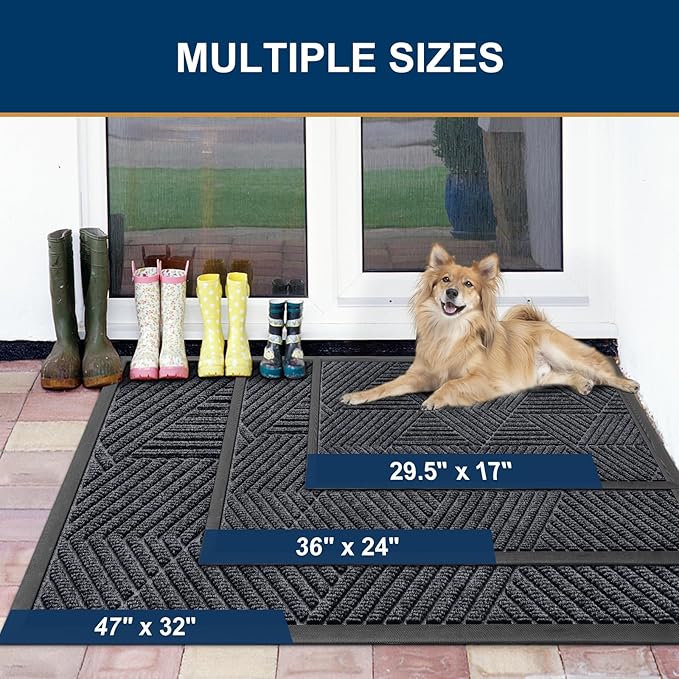 Smiry Front Door Mat Outside Entrance, Heavy Duty Sturdy Natural Rubber Doormat, Trap Dirt and Moisture, Easy Clean Low Profile Mats for Indoor Outdoor Entry, Irregular Triangle (36x24, Silver Grey)