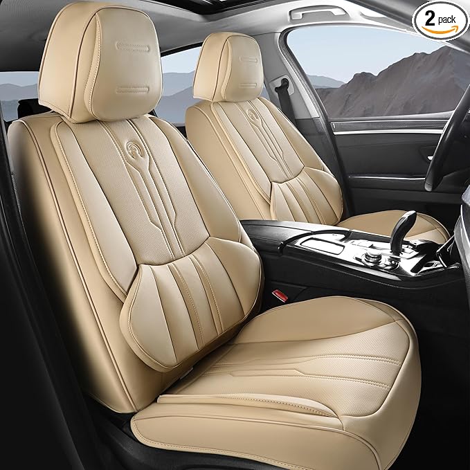 AOOG Car Seat Covers Full Set, Leather Seat Covers for Car, Waterproof Car Seat Protector with Lumbar Support, Automotive Seat Covers Universal Fit for Most Cars SUV Trucks (Full Set, Beige)