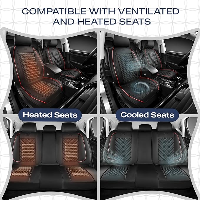 Skechers MAX Cushioning Car Seat Covers,Memory Foam Piping Leather Seat Covers,Waterproof Car Seat Protector Front Seats,Car Seat Cushion Airbag Universal Fit for Most Cars,Vans,Trucks,SUV,Red