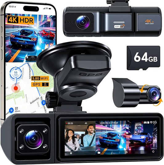 K800 4K+1080P+1080P 3 Channel Dash Cam, Dash Cam Front and Rear Inside, 5.8GHz WiFi Built-in GPS, Free 64GB Card, 3.2" IPS Screen Dash Camera for Cars, IR Night Vision, 24H Parking Mode, G-Sensor