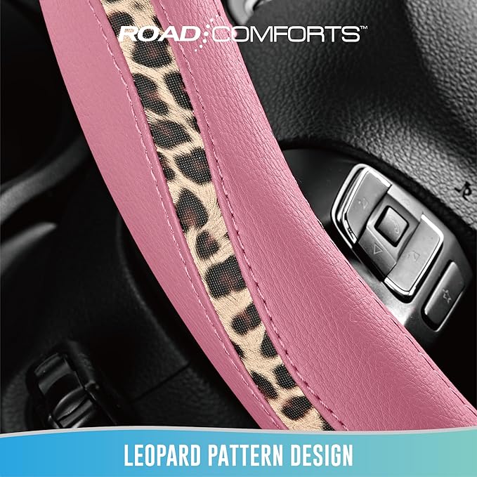 Road Comforts Steering Wheel Cover - Made with PVC Leather and Leopard Fabric - Universal 14 1/2 inches to 15 inches for Most Automotive Steering Wheel - Cheetah Print -Pink