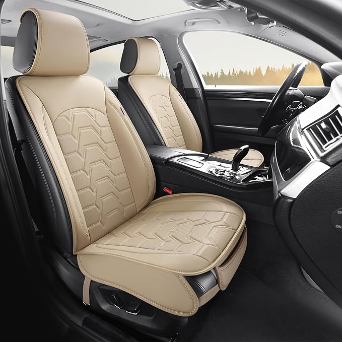 Leather car Seat Covers Breathable Car Seat Protector Front seat Covers Universal Fit for 95% Car Truck SUV Van Vehicles （Beige，2PCS）