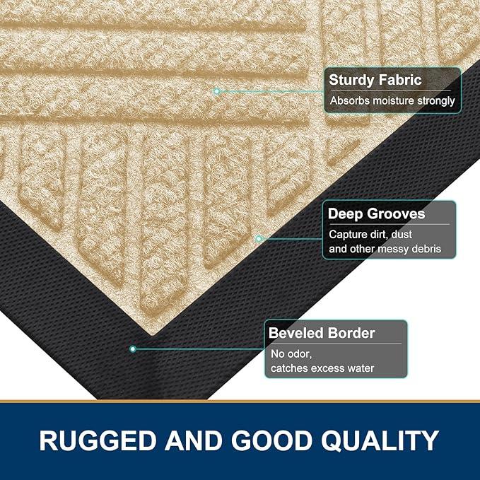 Smiry Front Door Mat Outside Entrance, Heavy Duty Outdoor Indoor Natural Rubber Doormat, Non Slip, Trap Dirt and Moisture, Easy Clean, Low Profile Patio Porch Entryway Mat, 59x35, Beige