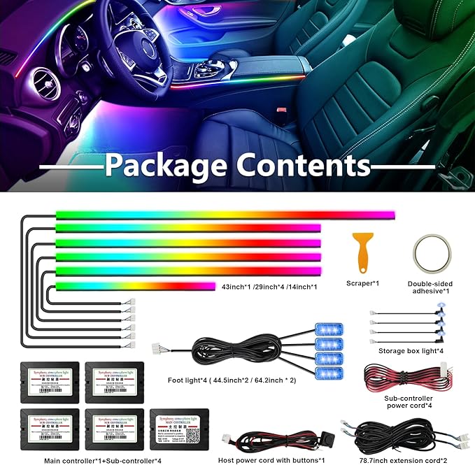 WEBUPAR Dreamcolor Acrylic Interior Car Lights, 14 in 1 RGB LED Strip Lights with APP Control and 213 Color Modes, Decorative Car Ambient Lighting Kits
