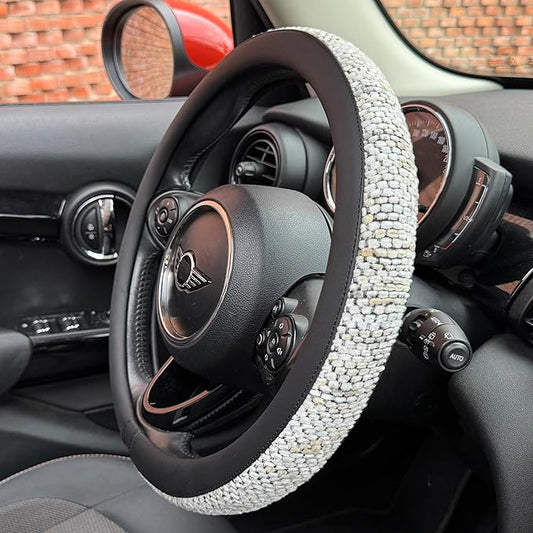 PINCTROT Chenille Leather Steering Wheel Cover, Soft Mottled Colors, Sweat-Proof, Non-Slip Grip, All-Season Comfort, Universal 14.5-15 Inch(Mottled White)