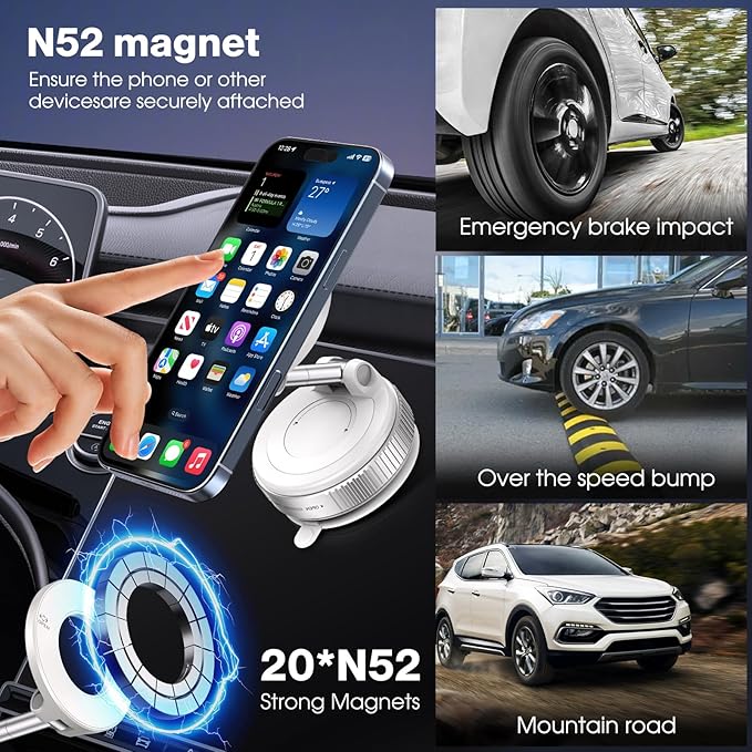 360° Rotatable Vacuum Magnetic Phone Holder, Foldable and Retractable Suction Cup Car Phone Mount for Car/Gym/Mirror/Smooth Surface, Compatible with iPhone Android and All Smartphones (White)