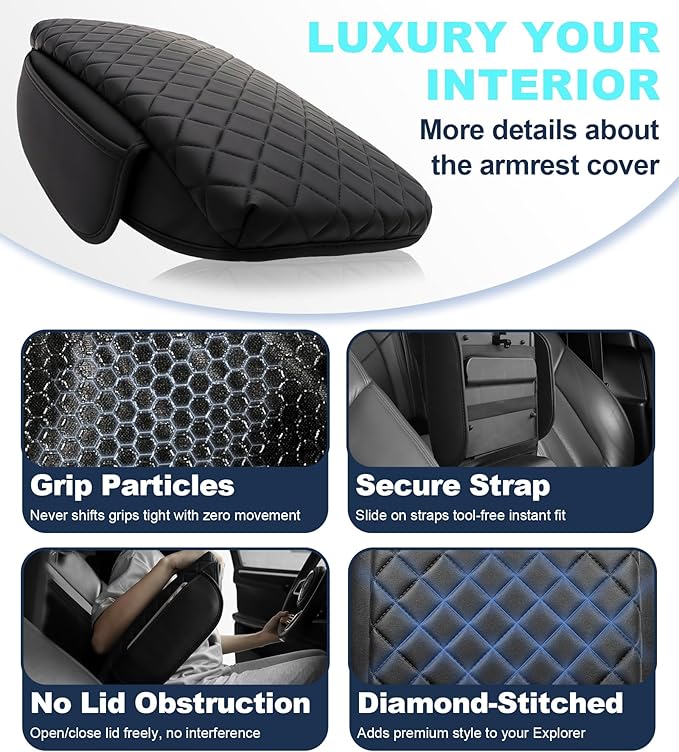 Armrest Cover for Ford Explorer Center Console Pad with Organizer Storage Pockets, Black Faux Leather Arm Rest Lid Protector Cushion Interior Accessories (2020-2025)