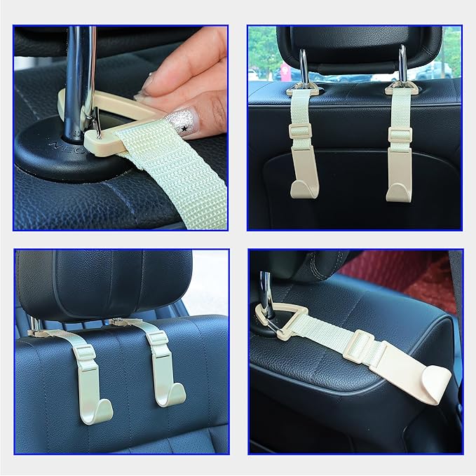 Amooca Headrest Hooks for Car Adjustable 4 Pack Vehicle Seat Back Organizer Storage Hanger Holder for Purse Bags Universal Fit with Clip Beige