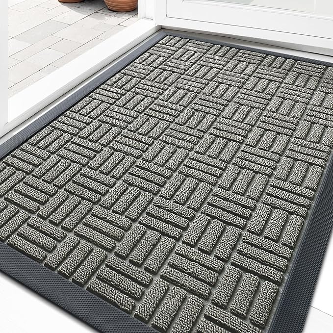 OLANLY Front Door Mat Outside Entrance 35x23, Absorbent, Heavy Duty Sturdy Natural Rubber Doormat Indoor Outdoor, Non-Slip, Stain and Fade Resistant, Low Profile Floor Mat for Entryway, Modern Gray