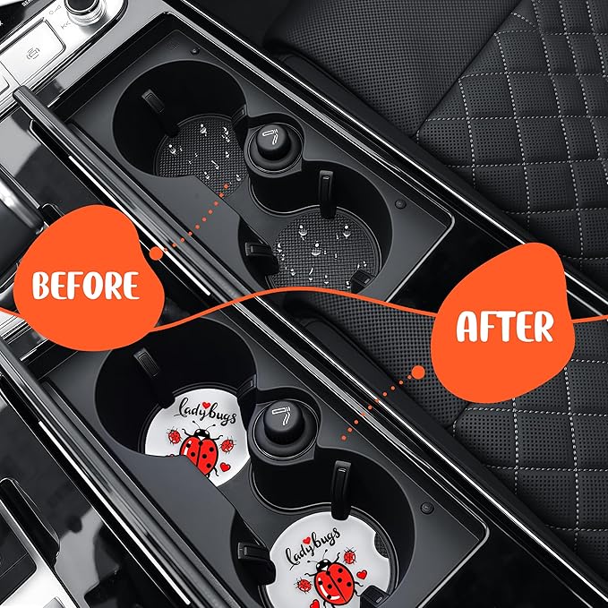 2 Pack Ladybugs Car Cup Holder Coaster, Cute Car Interior Accessories Drink Coaster for Women & Men, Ladybugs Lovers Themed Gifts Stuff Accessories Things Merchandise Items!