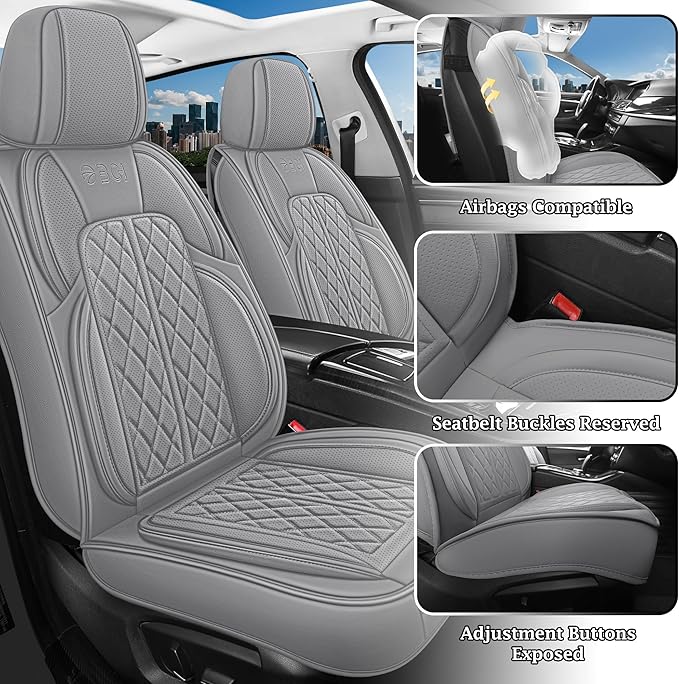 Leather Automotive Seat Covers Universal Fit for Cars, SUV, Sedans, Anti-Slip & Breathable (Grey, Full Set)