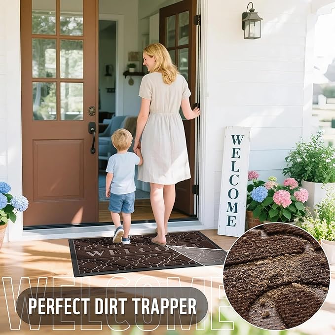 Yimobra Welcome Matt Outdoor Indoor 29.5x17, All-Weather Waterproof Front Door Mat Outside Entrance, Non-Slip Low Profile Porch Patio Doormat, Brown