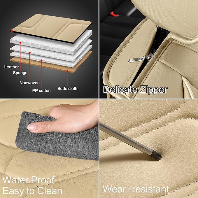 Pariitadin Leather Car Seat Covers Front Pair, Waterproof Breathable Faux Leather Automotive Seat Covers for Cars, Non-Slip Car Interior Covers Universal Fit Most Cars Sedans Trucks SUVs, Beige
