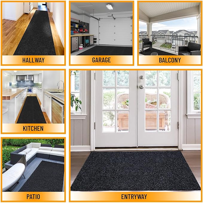 Ottomanson 2'7" x 36' Hallway Runner with Scraper Pile - Extra Durable Non-Slip Rug Mat for Indoor & Outdoor Use - Ideal for Kitchen, Entryway & Garage - High-Traffic Carpet, Black