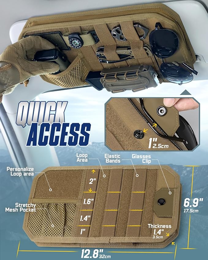 WYNEX Molle Car Sun Visor Organizer, Original Design Car Accessories with Zipper Visor Storage Pouch & Glasses Clip, Semi-Rigid Molle Panel for Tactical Gears, Fits Most Vehicles, SUVs, Trucks