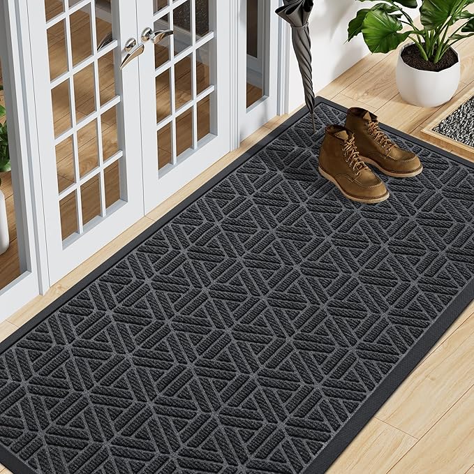 Smiry Front Door Mat Outside Entrance, Heavy Duty Sturdy Natural Rubber Doormat, Trap Dirt and Moisture, Easy Clean Low Profile Mats for Indoor Outdoor Entry, Grid Geometric (59x24, Grey)