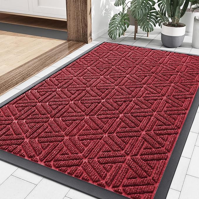 Smiry Front Door Mat Outside Entrance, Heavy Duty Sturdy Natural Rubber Doormat, Trap Dirt and Moisture, Easy Clean Low Profile Mats for Indoor Outdoor Entry, Grid Geometric (36x24, Wine Red)