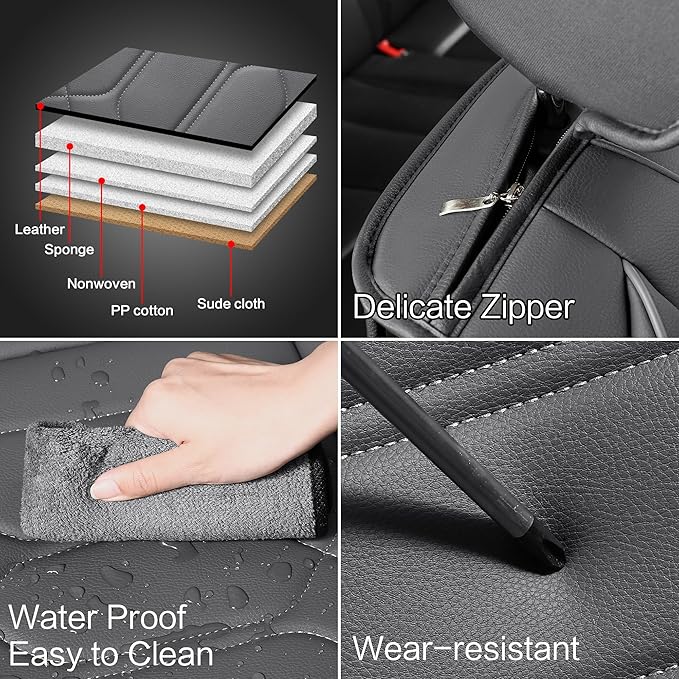 Pariitadin Leather Car Seat Covers Full Set, Waterproof Breathable Faux Leather Automotive Seat Covers for Cars, Non-Slip Car Interior Covers Universal Fit Most Cars Sedans Trucks SUVs, Gray