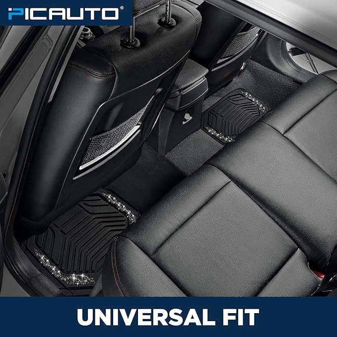 PIC AUTO Car Floor Mats, Black Sparkly Crystal Bling Glitter Car Mats Set, Front and Rear Heavy Duty Rubber Car Mats with Anti-Slip Backing, All Weather, Trim-to-Fit for Automotive SUVs, Sedan, Vans