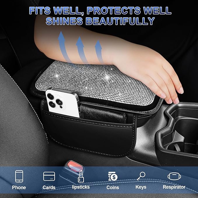 Bling Center Console Cover Fit for Nissan Kicks 2021-2025: Crystal Rhinestone Automotive Armrest Cushion-Stylish Diamond Arm Rest Protection Mat(Black)