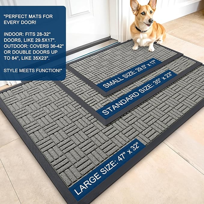 OLANLY Front Door Mat Outside Entrance 33x21, Absorbent, Heavy Duty Sturdy Natural Rubber Doormat Indoor Outdoor, Non-Slip, Stain and Fade Resistant, Low Profile Floor Mat for Entryway, Modern Gray