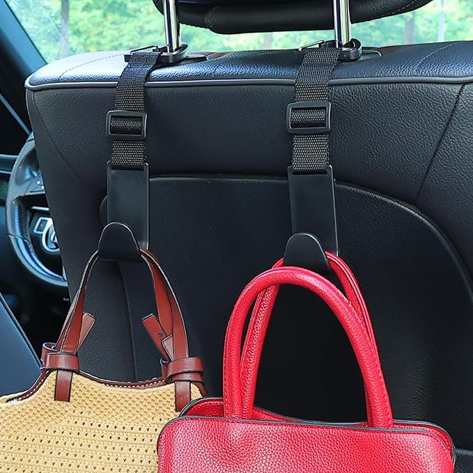Amooca Headrest Hooks for Car Adjustable 4 Pack Vehicle Seat Back Organizer Storage Hanger Holder for Purse Bags Universal Fit with Clip Black