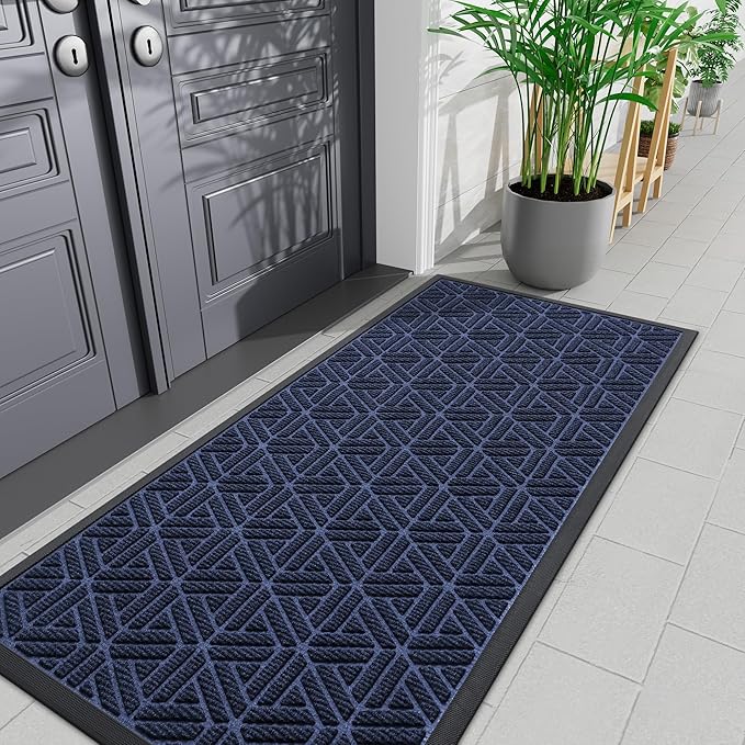 Smiry Front Door Mat Outside Entrance, Heavy Duty Sturdy Natural Rubber Doormat, Trap Dirt and Moisture, Easy Clean Low Profile Mats for Indoor Outdoor Entry, Grid Geometric (71x24, Navy Blue)
