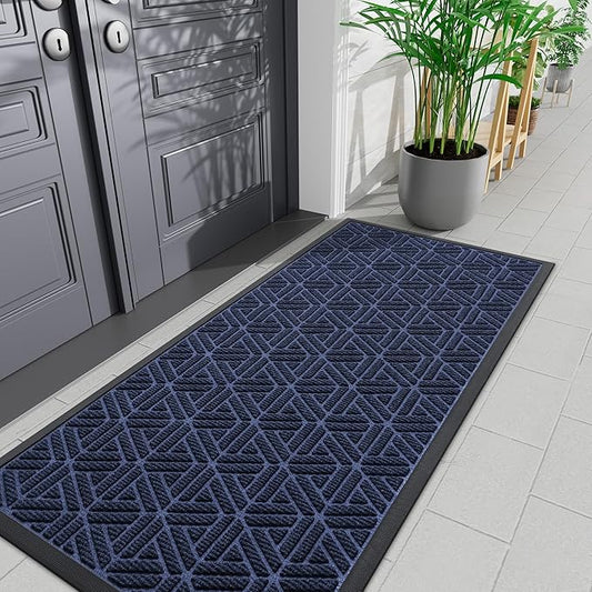 Smiry Front Door Mat Outside Entrance, Heavy Duty Sturdy Natural Rubber Doormat, Trap Dirt and Moisture, Easy Clean Low Profile Mats for Indoor Outdoor Entry, Grid Geometric (71x24, Navy Blue)