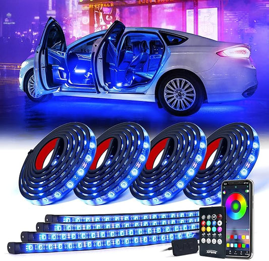 Xprite 8Pcs Car RGB LED Strip Lights, Exterior Underglow & Interior Bluetooth Lights Kit, APP Control & Wireless Remote, Music Sync, Underbody Inside Neon Ambient Lighting Strips for Cars SUV Truck