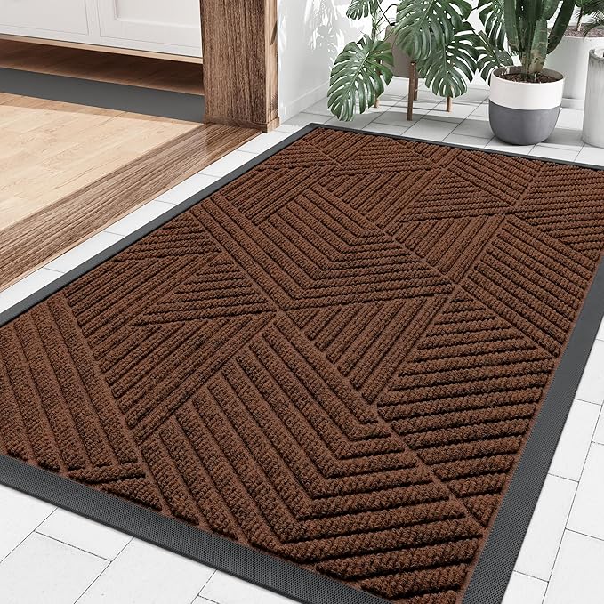 Smiry Front Door Mat Outside Entrance, Heavy Duty Sturdy Natural Rubber Doormat, Trap Dirt and Moisture, Easy Clean Low Profile Mats for Indoor Outdoor Entry, Irregular Triangle (36x24, Deep Coffee)