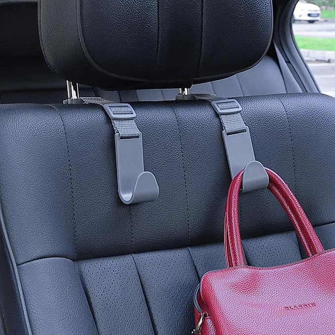 Amooca Headrest Hooks for Car Adjustable 4 Pack Vehicle Seat Back Organizer Storage Hanger Holder for Purse Bags Universal Fit with Clip Gray