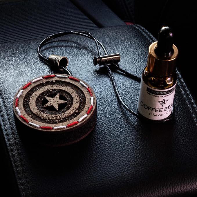 Wood Car Air Freshener — Handmade Car Air Freshener — Captain Shield Designed Fragrance Oil Diffuser in Wooden Gift Box — Aromatherapy Gift Set with Mountain Rain Fragrance Oil - 10 ml