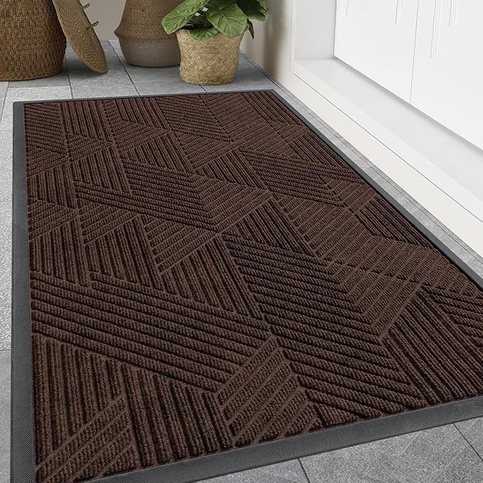 Smiry Front Door Mat Outside Entrance, Heavy Duty Sturdy Natural Rubber Doormat, Trap Dirt and Moisture, Easy Clean Low Profile Mats for Indoor Outdoor Entry, Irregular Triangle (47x24, Dark Brown)