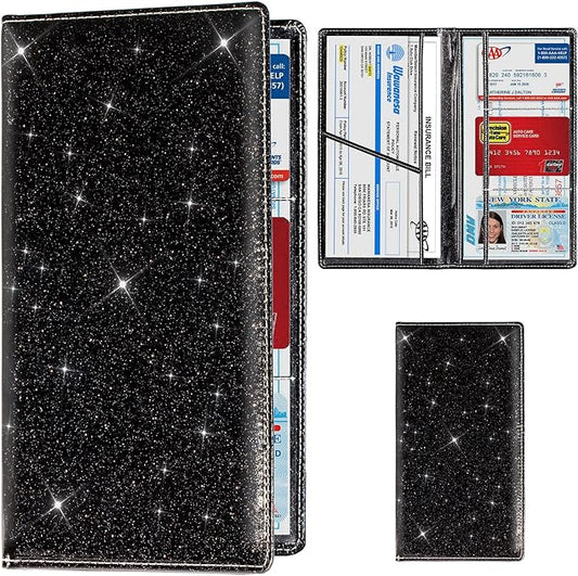TOURSUIT Car Registration and Insurance Card Holder, Vehicle License Document Glove Box Compartment Organizer, Interior Car Accessories for Women Men Teens (Glitter Black)