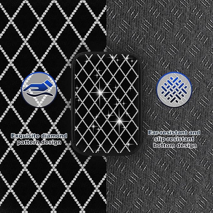 Bling Center Console Cover Fit for Nissan Sentra 2020-2025: with Quilting Pattern Crystal Rhinestone Automotive Armrest Cushion-Stylish Diamond Arm Rest Protection Mat(Black)