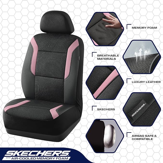 Skechers Memory Foam Car Seat Covers, Air Cool Mesh Thick Seat Covers, Car Seat Covers Front Seats Airbag Compatible, Automotive Comfort Protection for Most Cars, Vans,Trucks, SUVs,Pink