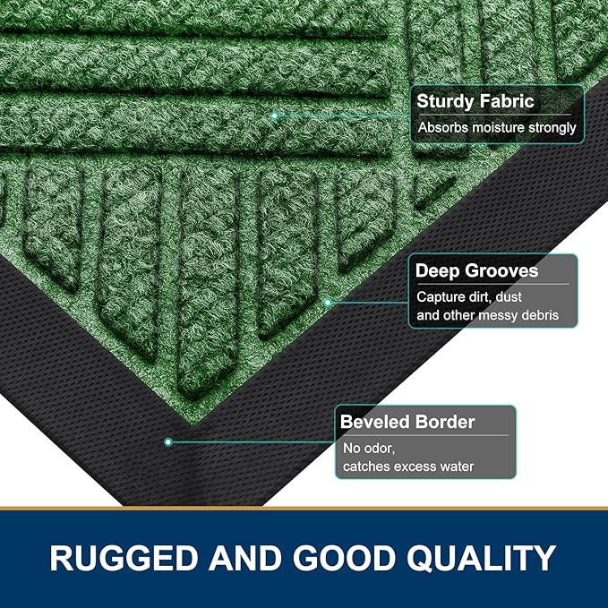 Smiry Front Door Mat Outside Entrance, Heavy Duty Outdoor Indoor Natural Rubber Doormat, Non Slip, Trap Dirt and Moisture, Easy Clean, Low Profile Patio Porch Entryway Mat, 59x23, Green