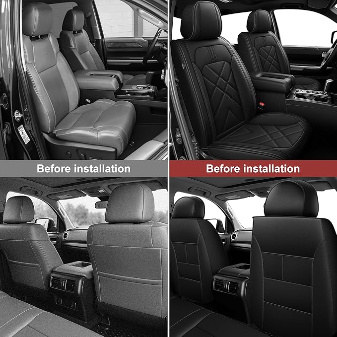 AOMSAZTO Seat Covers Custom Fit for 2014-2021 Toyota Tundra Crewmax Double Cab Breathable Leather Truck Car Seat Covers Full Set (Black)