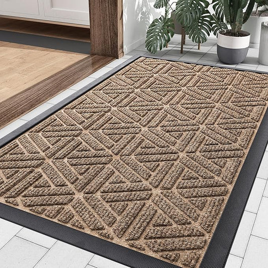 Smiry Front Door Mat Outside Entrance, Heavy Duty Sturdy Natural Rubber Doormat, Trap Dirt and Moisture, Easy Clean Low Profile Mats for Indoor Outdoor Entry, Grid Geometric (29.5x17, Coffee)