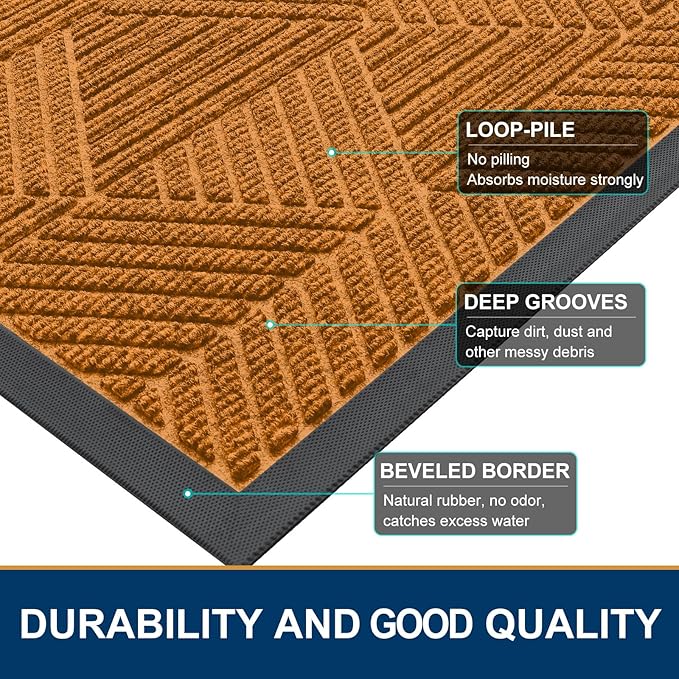 Smiry Front Door Mat Outside Entrance, Heavy Duty Sturdy Natural Rubber Doormat, Trap Dirt and Moisture, Easy Clean Low Profile Mats for Indoor Outdoor Entry, Irregular Triangle (36x24, Amber)