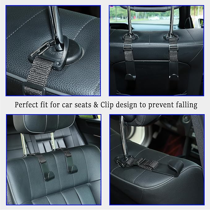 Amooca Headrest Hooks for Car Adjustable 4 Pack Vehicle Seat Back Organizer Storage Hanger Holder for Purse Bags Universal Fit with Clip Black