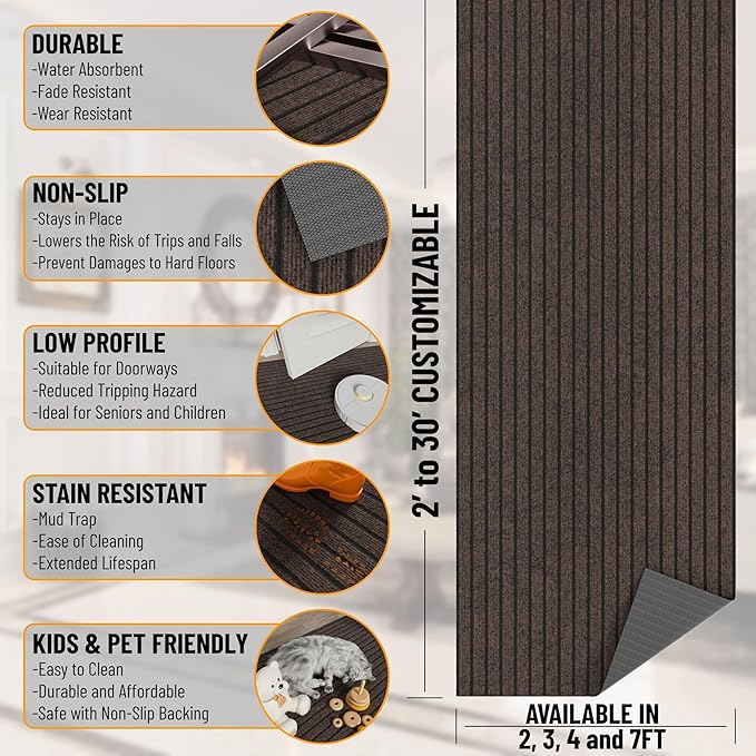 Ottomanson Mud Mat 2' x 4' Entryway Rug - Non-Slip Scraper Doormat for Muddy Paws, Dirt Trapping Indoor/Outdoor Mat for High-Traffic Areas, Kitchen, Garage, Patio, Brown