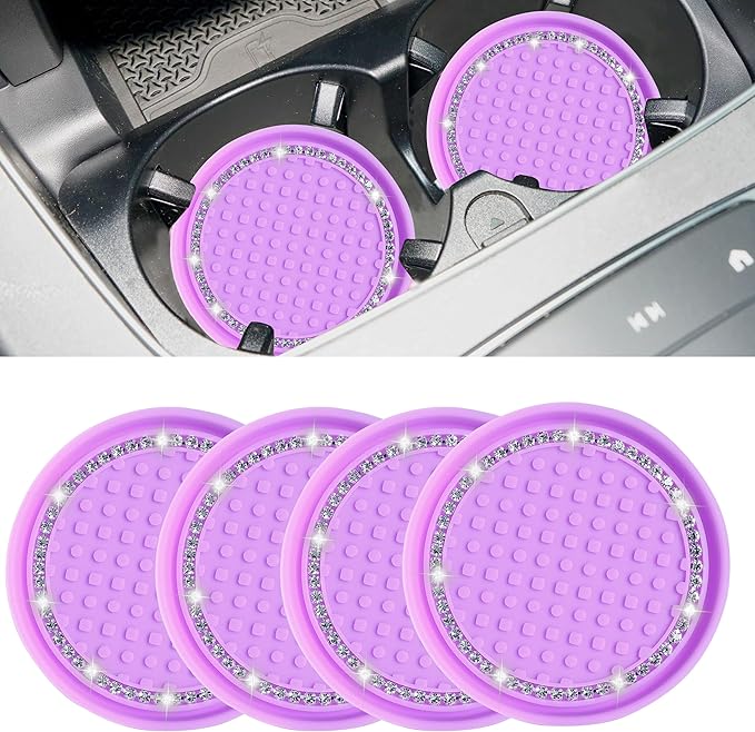 Amooca Car Cup Coaster 4 Pack Universal Non-Slip Cup Holders Insert Coasters Bling Crystal Rhinestone Car Interior Accessories Purple Dots