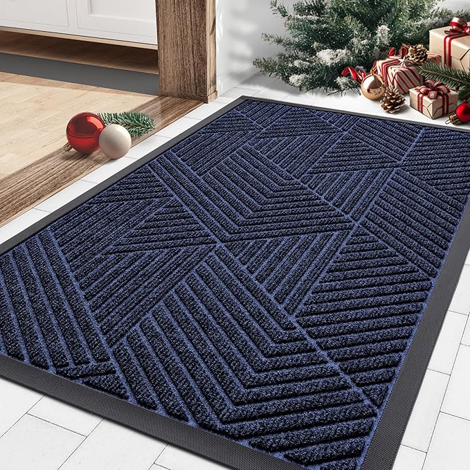 Smiry Front Door Mat Outside Entrance, Heavy Duty Sturdy Natural Rubber Doormat, Trap Dirt and Moisture, Easy Clean Low Profile Mats for Indoor Outdoor Entry, Irregular Triangle (29.5x17, Navy Blue)